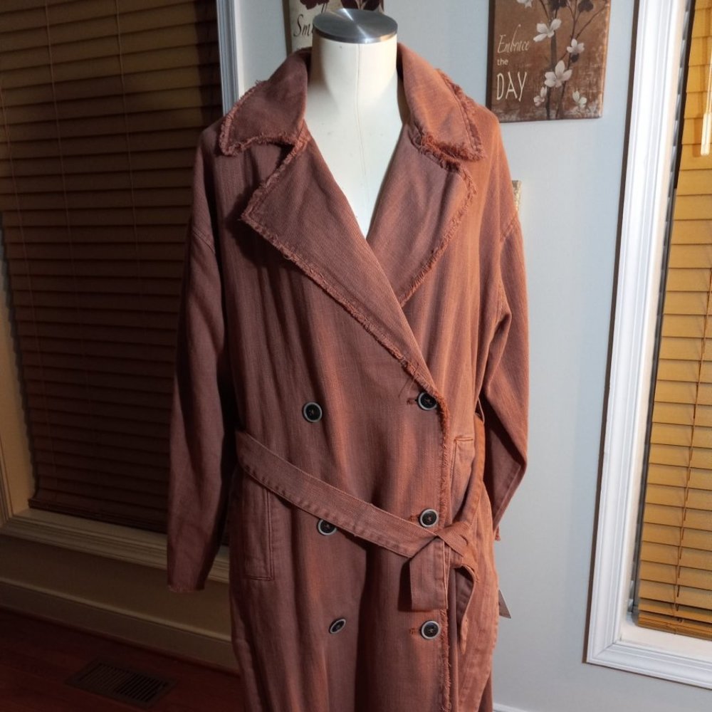 NEW Free People Trench Coat Cherry Chai Split Sides Button TieWaist XS/S NWT